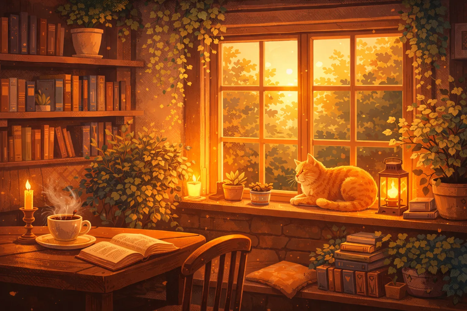 Cozy cottage interior with warm lighting, plants, bookshelves, and a cat on the windowsill