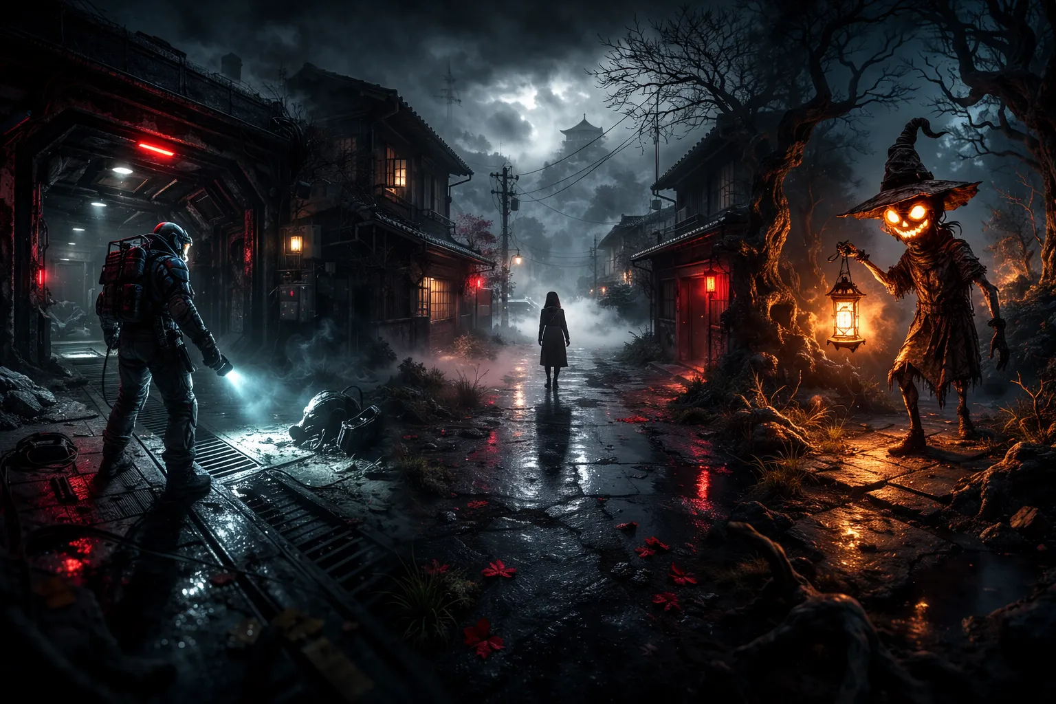 Scène d'horreur atmosphérique avec une ville japonaise dans le brouillard, un personnage en combinaison spatiale et une créature portant une lanterne