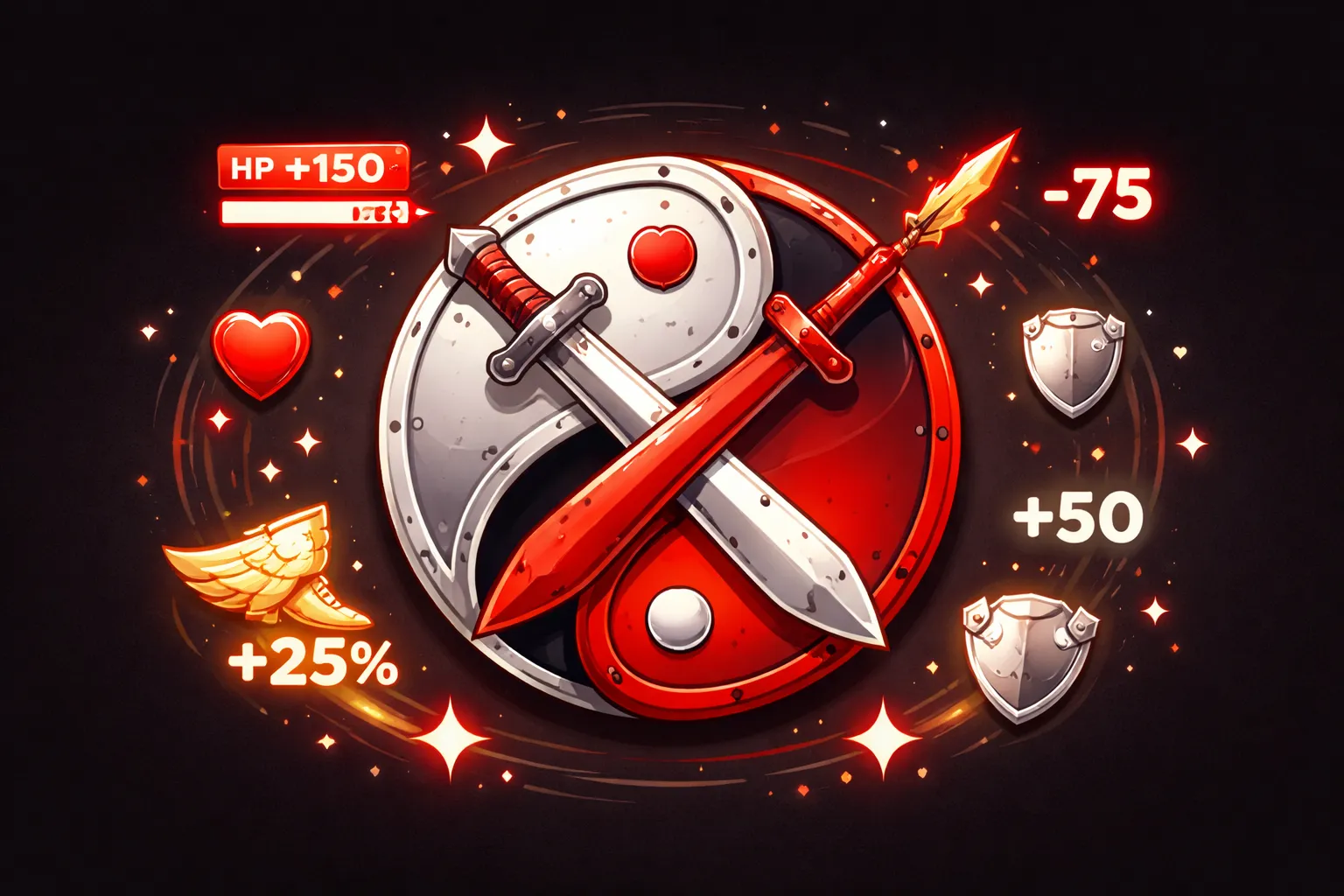 Yin-yang symbol made of swords and shields surrounded by game stat icons