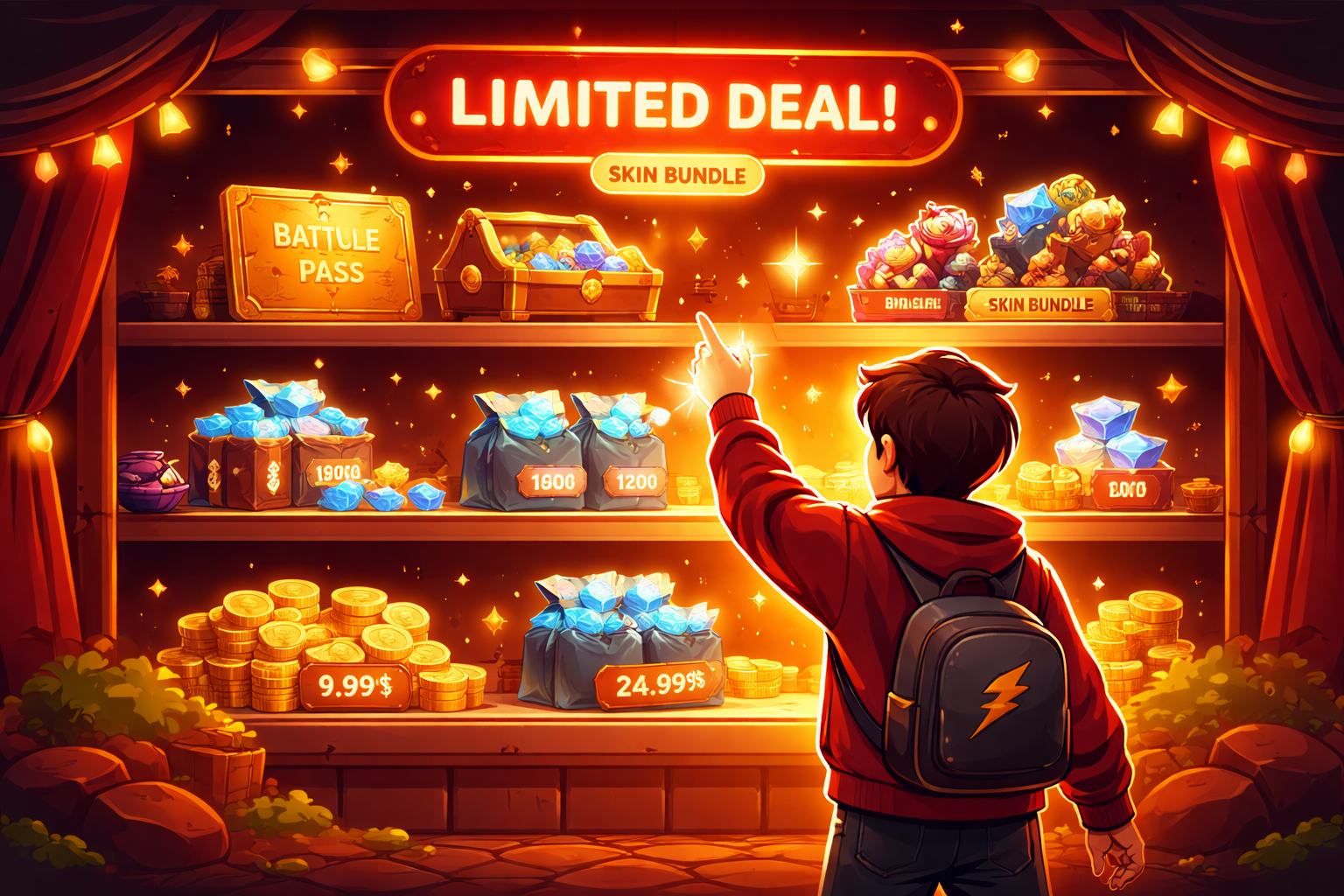 Stylized in-game storefront with glowing items and limited deal banner