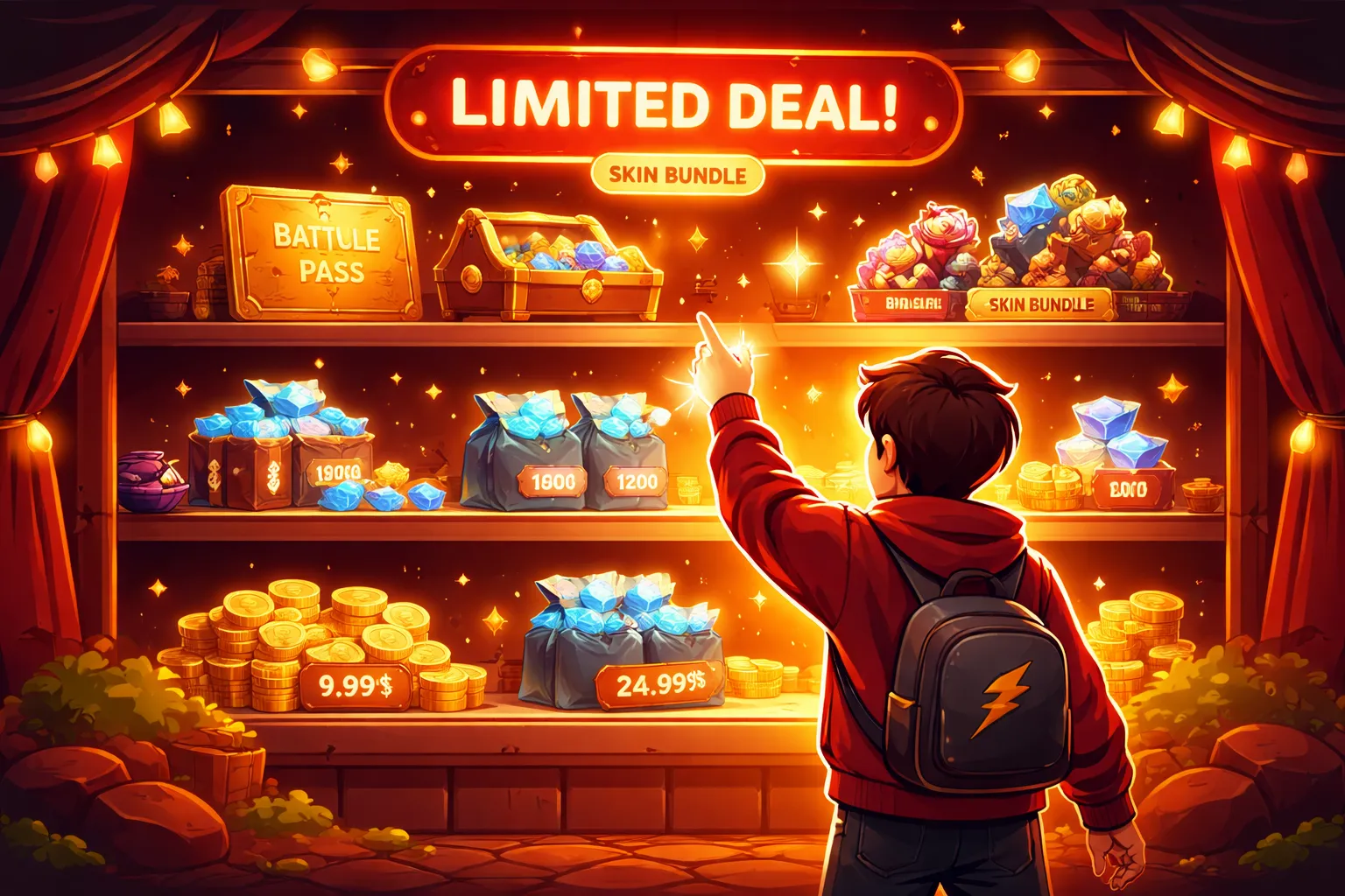Stylized in-game storefront with glowing items and limited deal banner