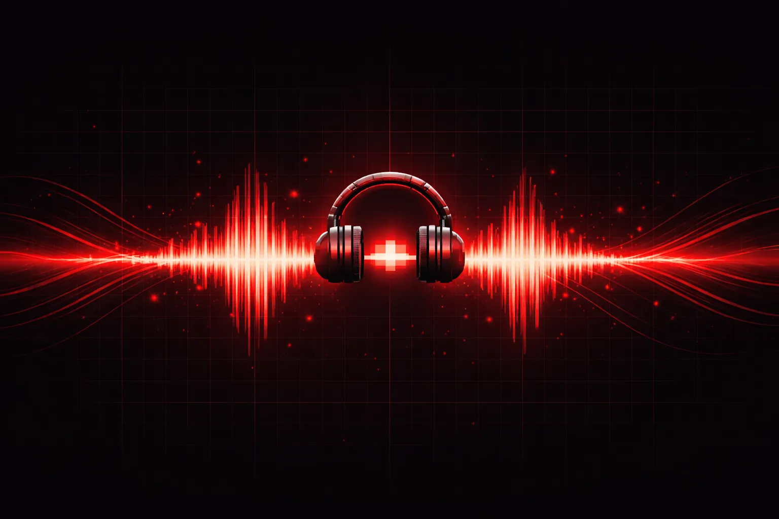 Red audio waveform visualization with headphones on a dark background