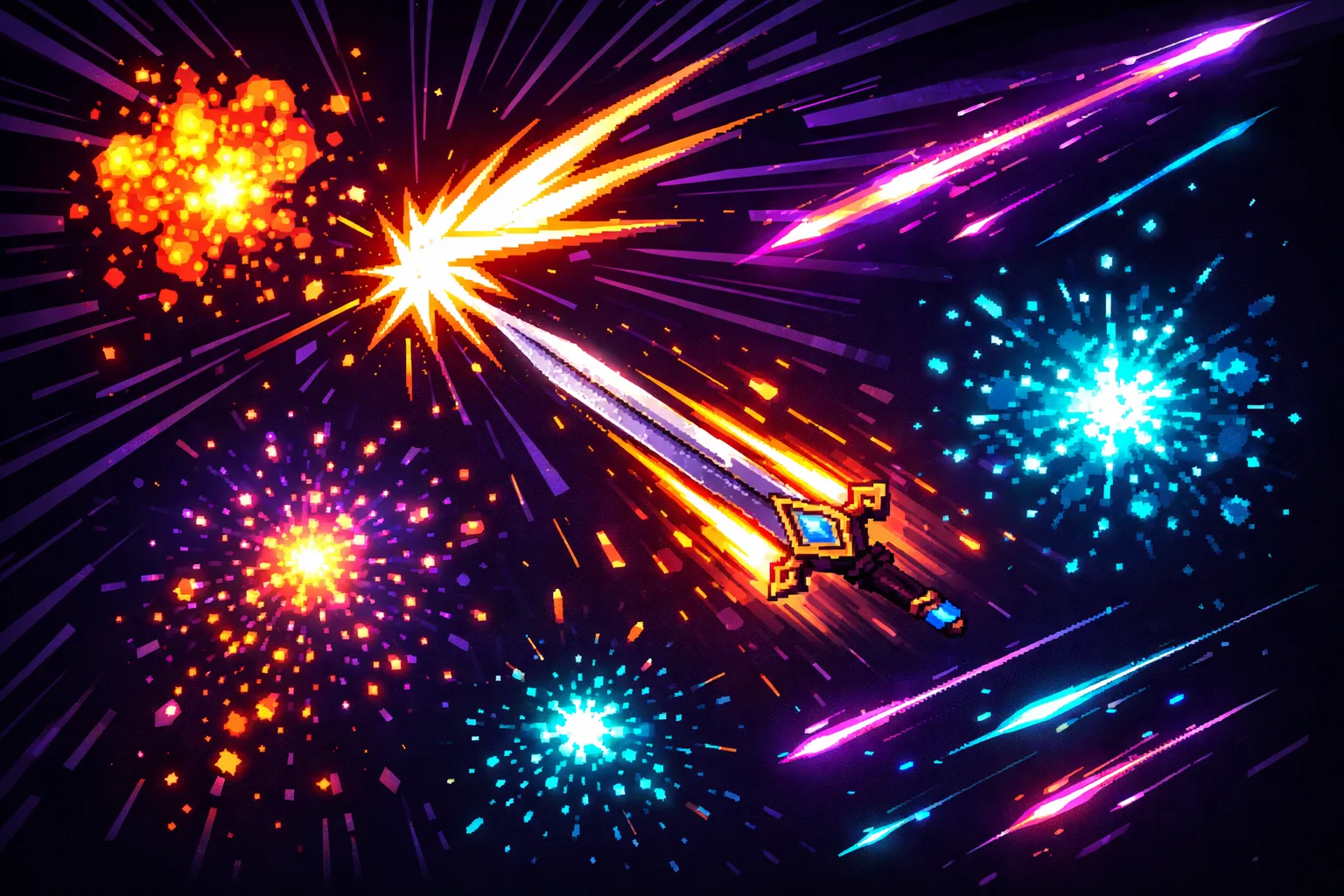 Pixel art sword slash with colorful particle explosions and bullet trails on a dark background