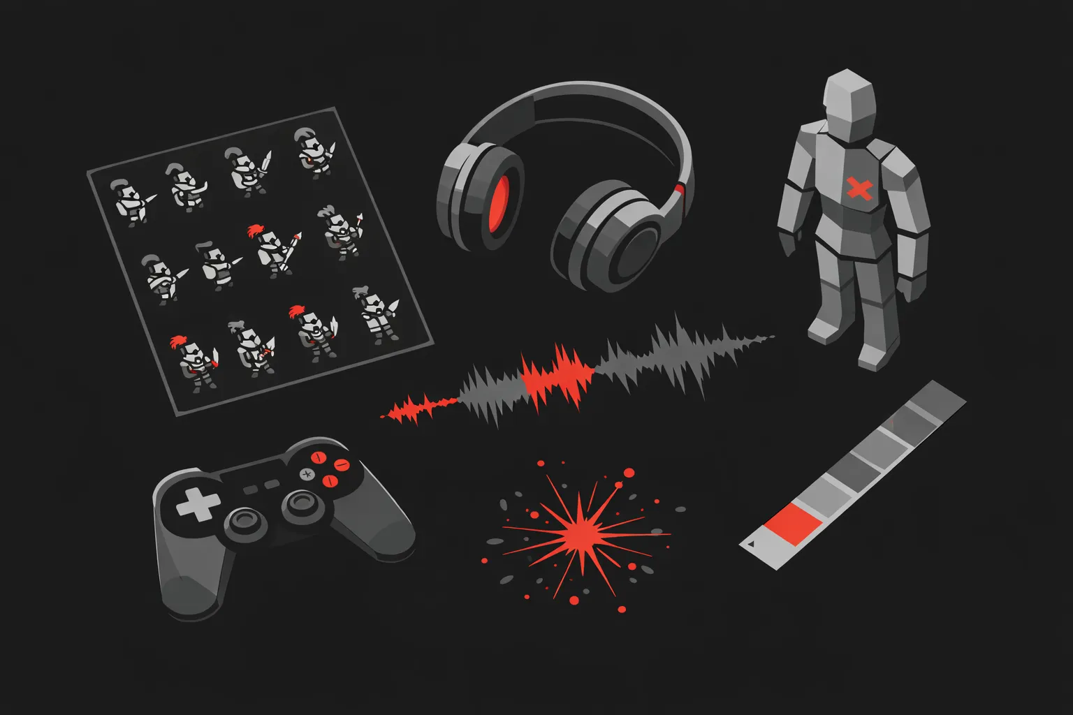 Infographic showing game jam tools organized by category including 2D assets, 3D models, music, and VFX