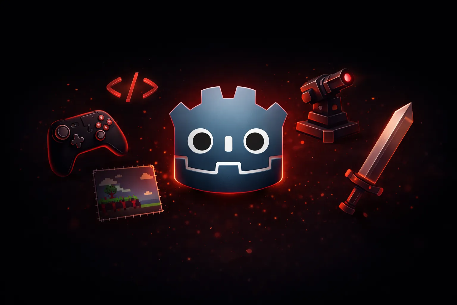 Godot engine logo with course material icons representing the Humble Bundle learning package