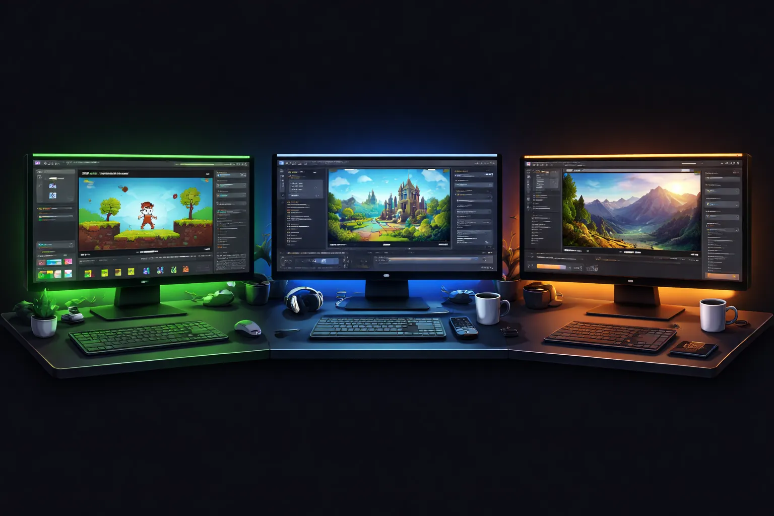 Three game engine logos side by side representing Godot, Unity, and Unreal Engine