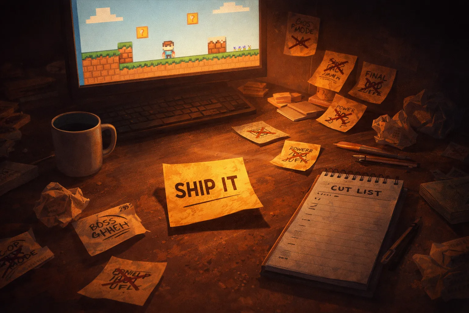 A game developer's desk at night with a SHIP IT sticky note, a cut list notebook, and a simple platformer on screen