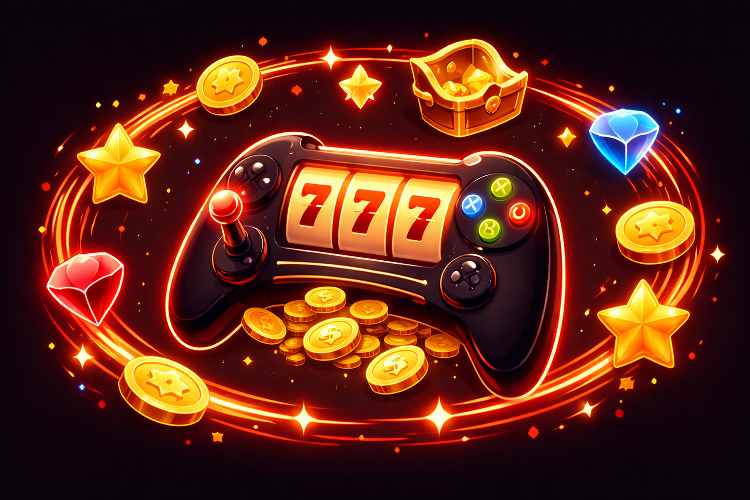 Glowing slot machine merged with a game controller, surrounded by reward icons
