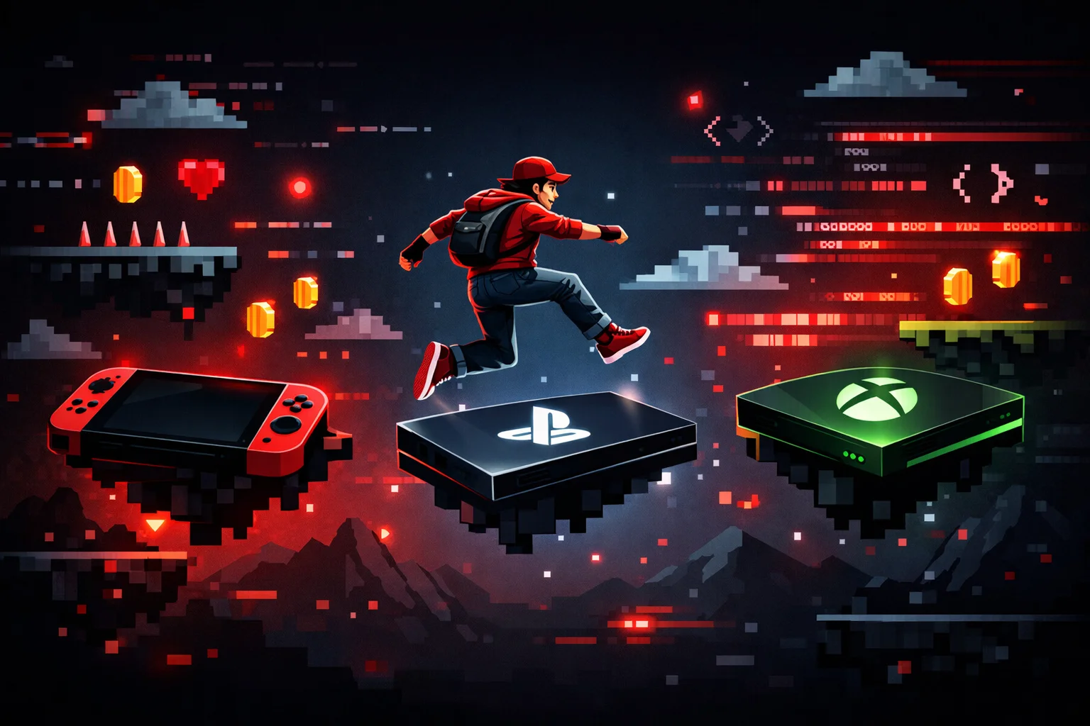 Stylized illustration of an indie game developer jumping between Nintendo Switch, PlayStation, and Xbox console platforms with pixel art elements and code in the background