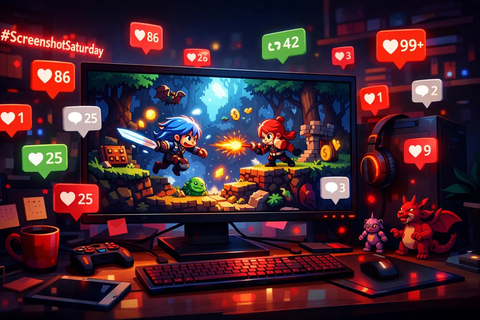 Stylized game development workspace with a monitor showing pixel art combat, surrounded by floating social media engagement icons and the #ScreenshotSaturday hashtag