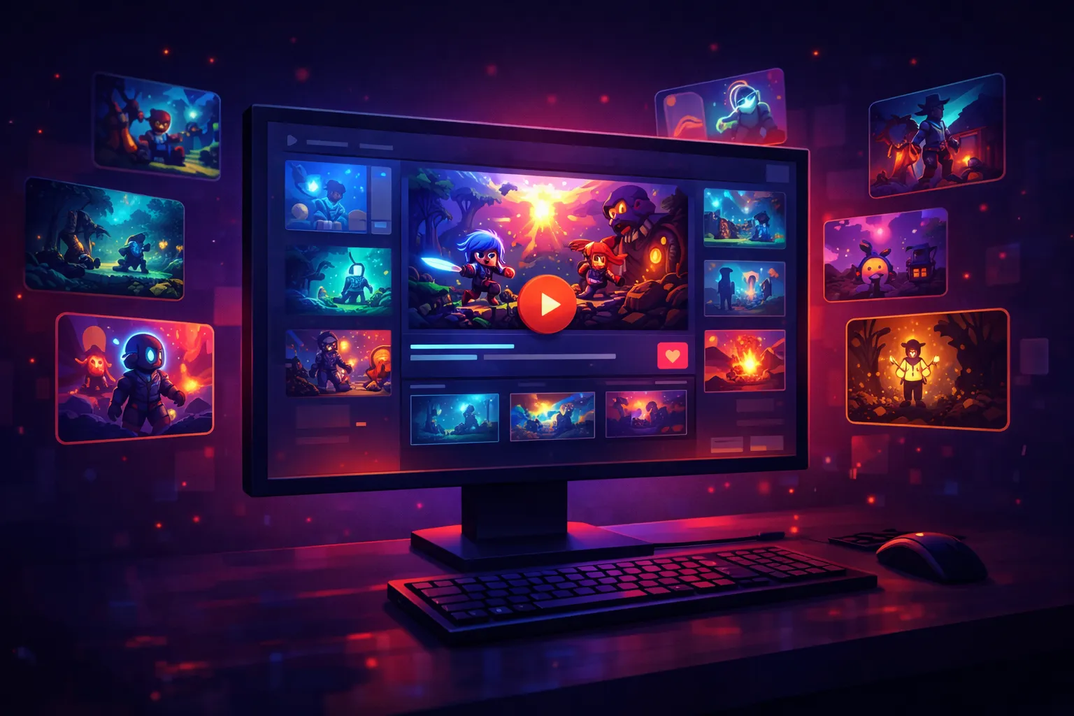 Illustration of a monitor displaying a game store page surrounded by floating indie game capsule art